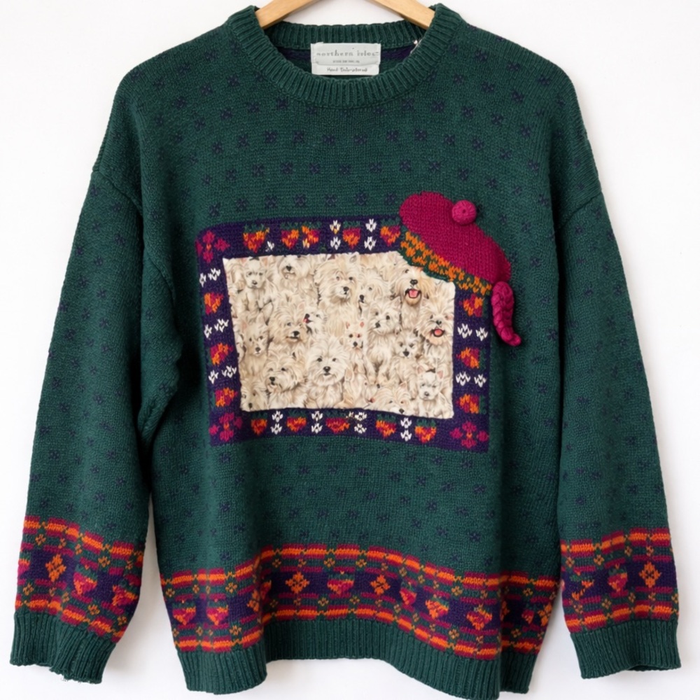 Vintage Northern Isles Hand Embroidered Westie Dog Sweater Scottish Beret Knit